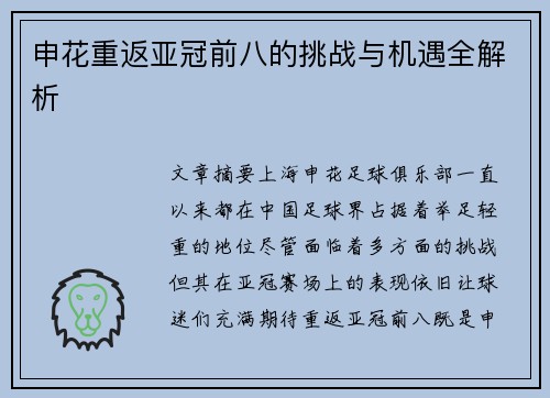 申花重返亚冠前八的挑战与机遇全解析